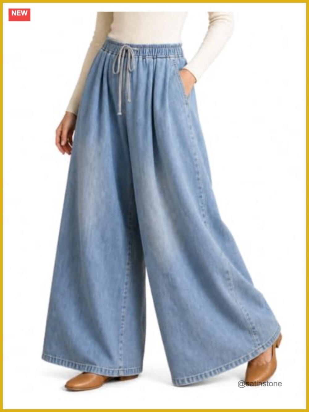 Wide Leg Jeans Drawstring Waist Pockets Women Casual Denim